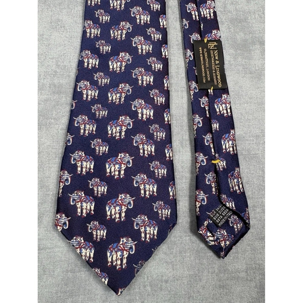 New & Lingwood British Museum Elephant Silk Tie Handmade Italy 60" Navy